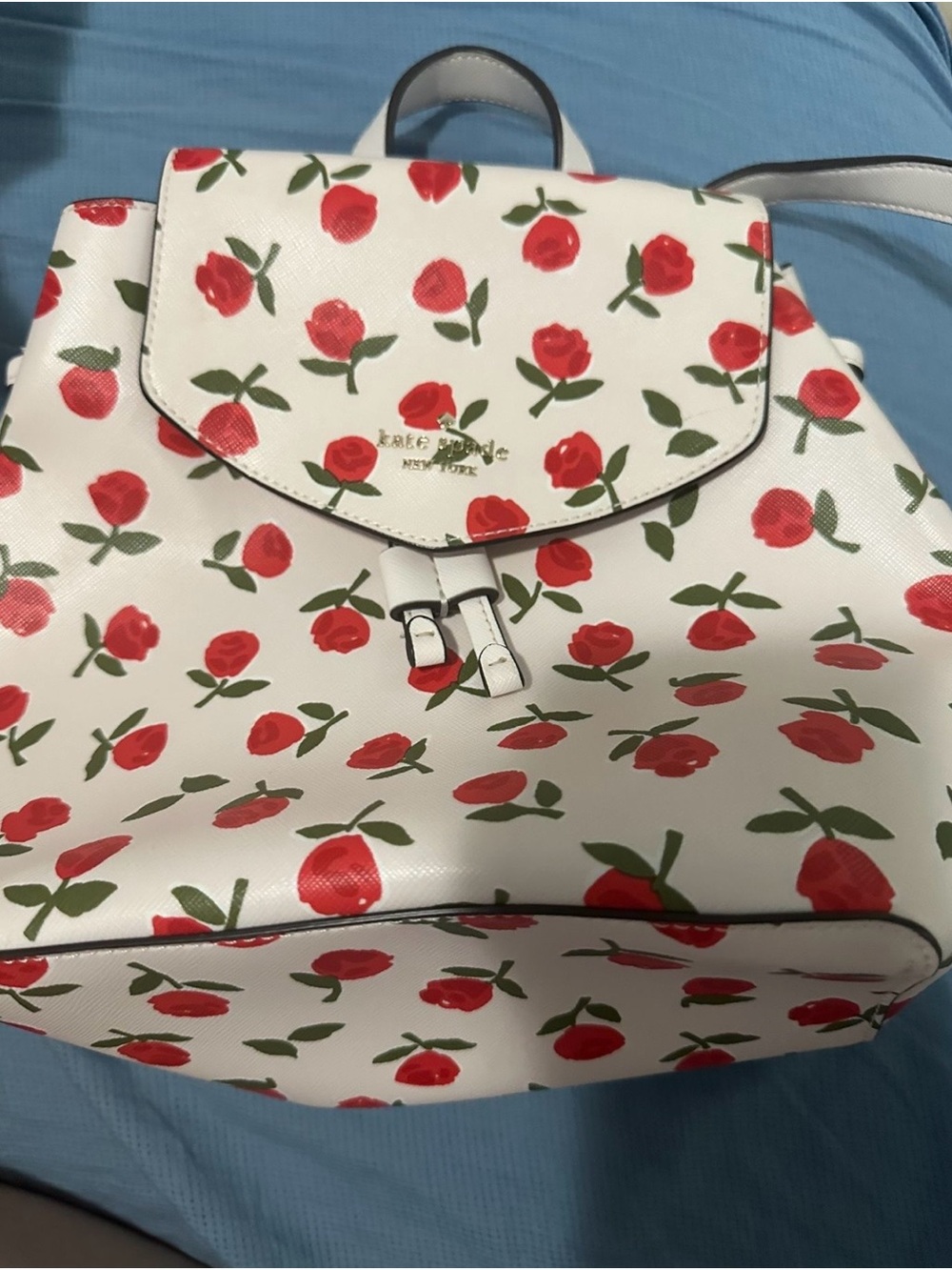 kate spade White Backpack with Red Rose Pattern